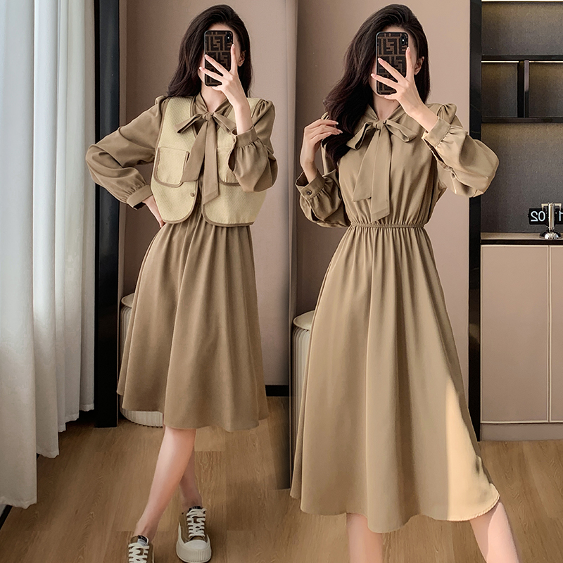 2025 Two-Piece French Vintage Dress Set with Vest and Long Sleeve Dress
