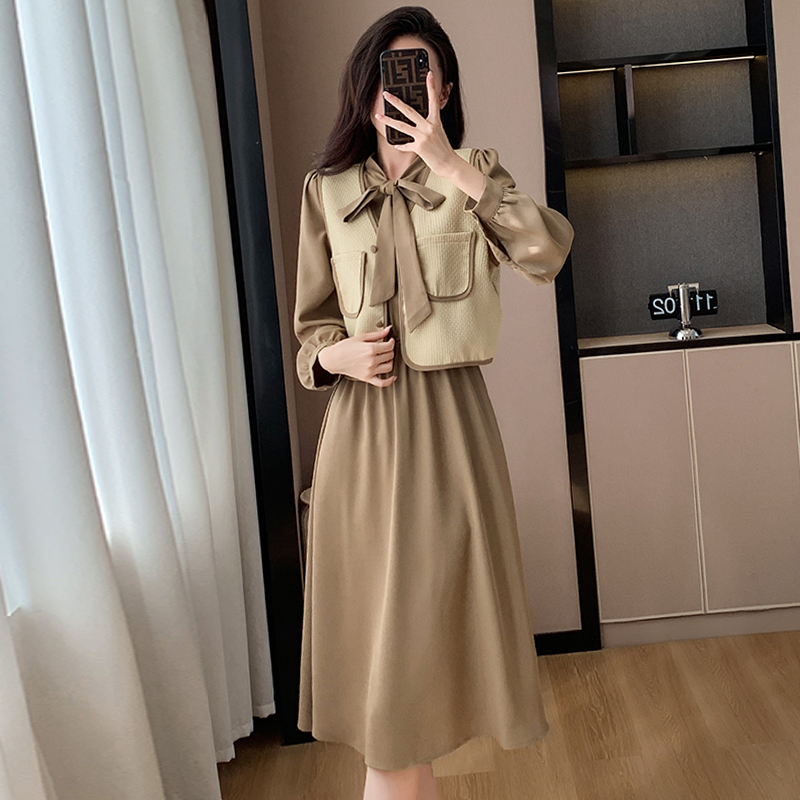 2025 Two-Piece French Vintage Dress Set with Vest and Long Sleeve Dress