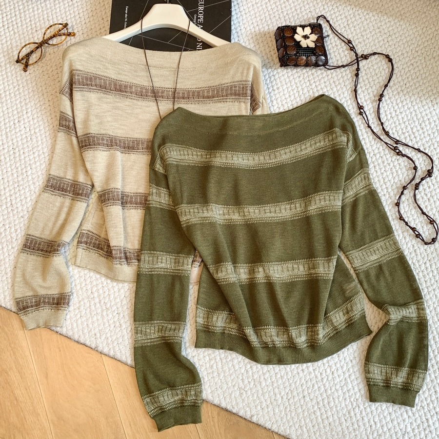 2026-early-autumn-korean-style-off-shoulder-striped-knit-top-casual-loose-slimming-pullover_4 2026 Early Autumn Korean Style Off-Shoulder Striped Knit Top Casual Loose Slimming Pullover