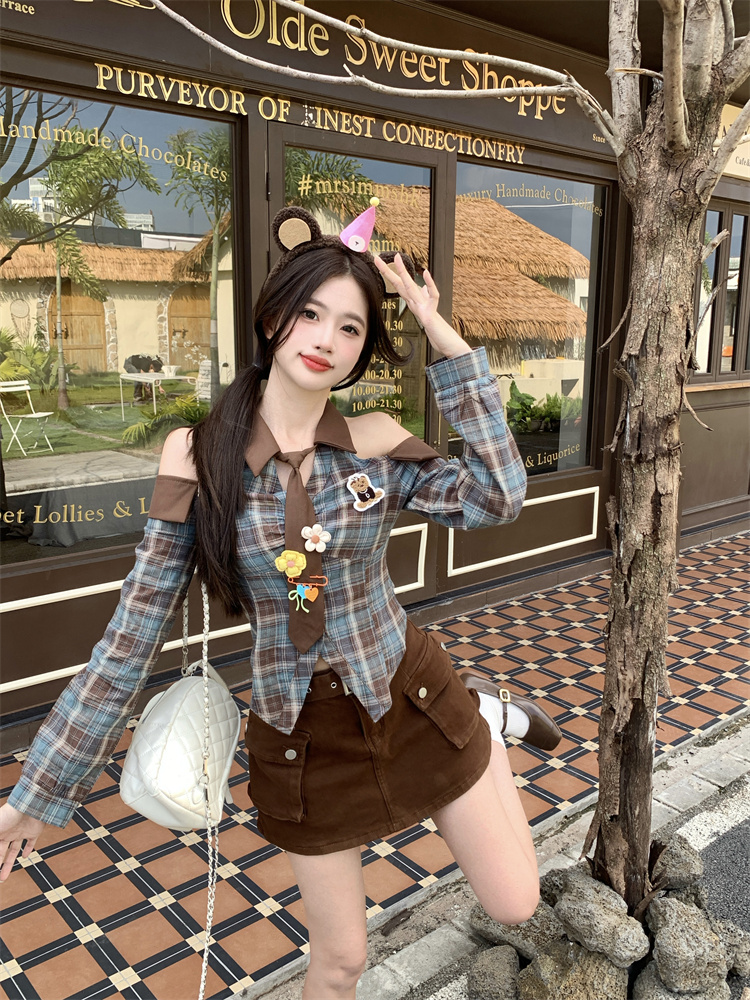 bear-coffee-plaid-shirt-top-and-high-waist-a-line-skirt-set-for-women-early-autumn Bear Coffee Plaid Shirt Top and High Waist A-Line Skirt Set for Women Early Autumn