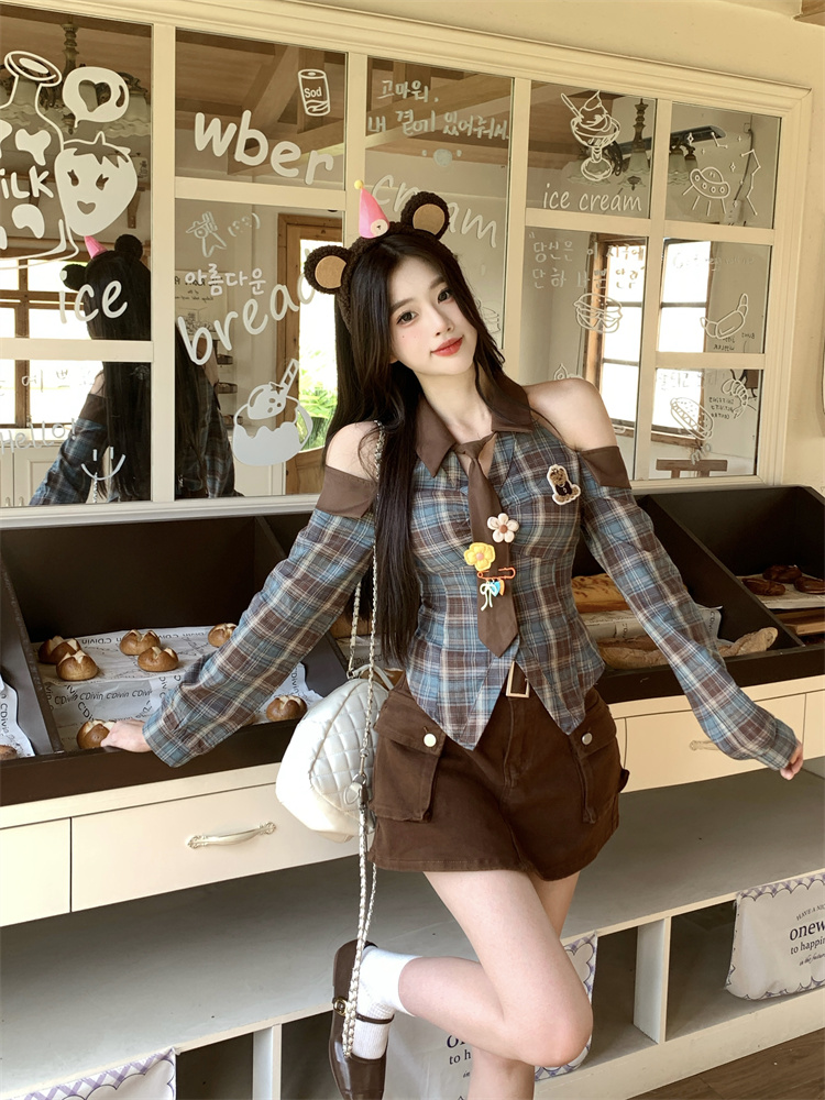 Bear Coffee Plaid Shirt Top and High Waist A-Line Skirt Set for Women Early Autumn