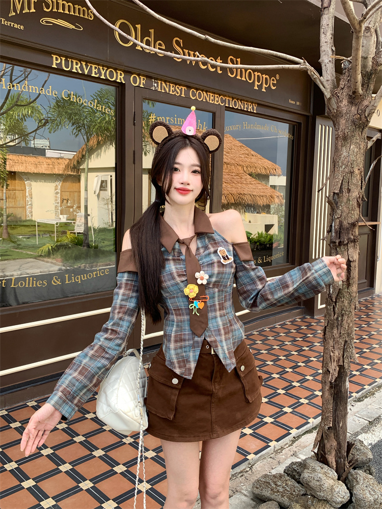 Bear Coffee Plaid Shirt Top and High Waist A-Line Skirt Set for Women Early Autumn