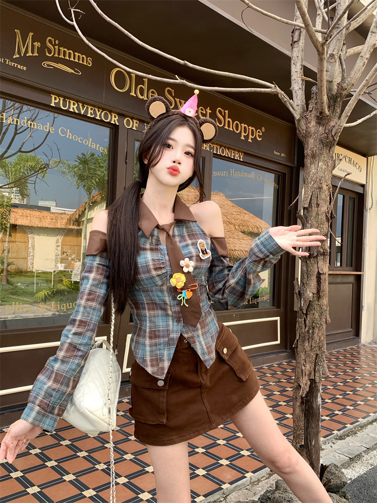 Bear Coffee Plaid Shirt Top and High Waist A-Line Skirt Set for Women Early Autumn