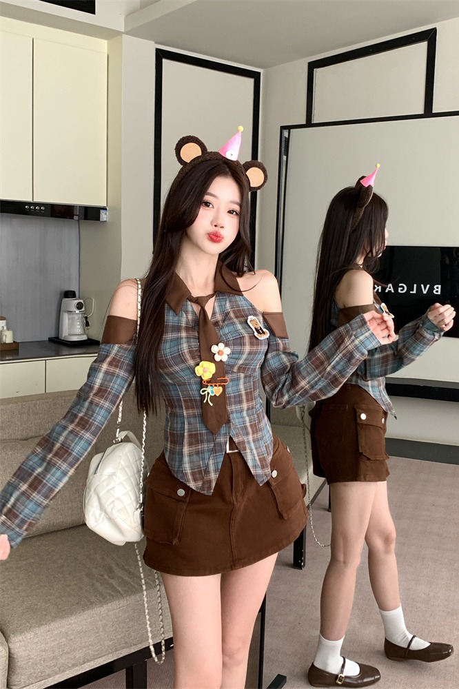 Bear Coffee Plaid Shirt Top and High Waist A-Line Skirt Set for Women Early Autumn
