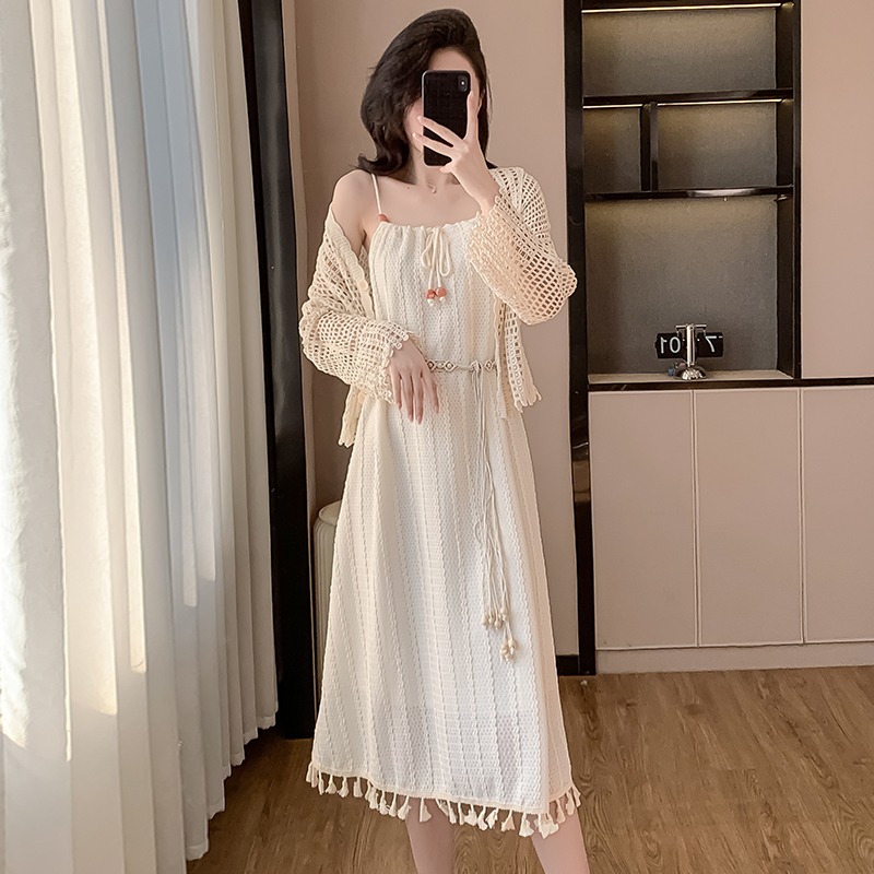 bohemian-tassel-sleeveless-white-waist-dress-with-shawl-set-2025-spring-petite Bohemian Tassel Sleeveless White Waist Dress with Shawl Set 2025 Spring Petite