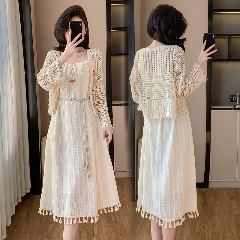 Bohemian Tassel Sleeveless White Waist Dress with Shawl Set 2025 Spring Petite