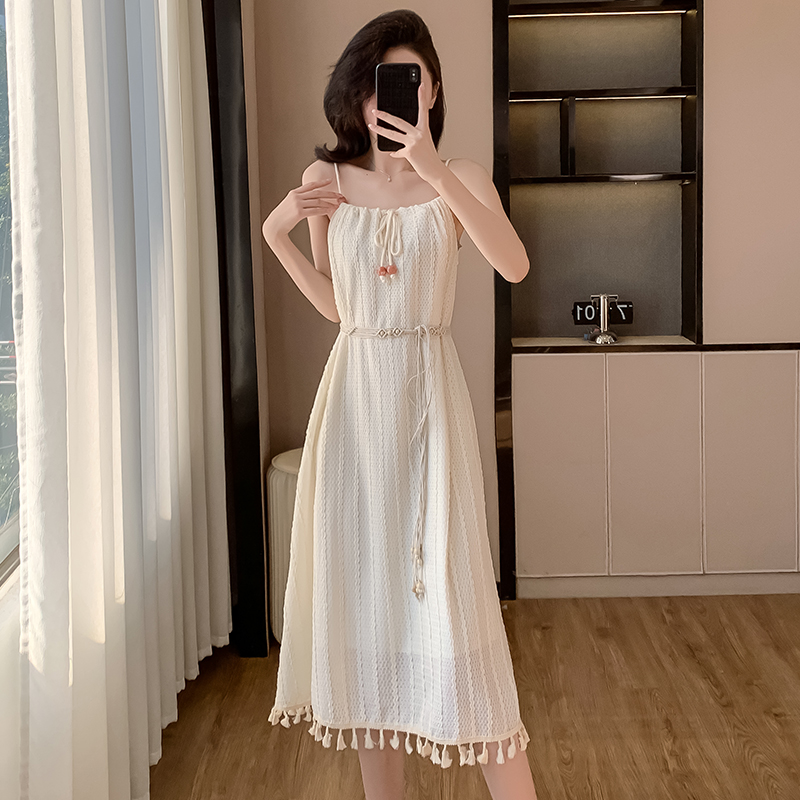 Bohemian Tassel Sleeveless White Waist Dress with Shawl Set 2025 Spring Petite