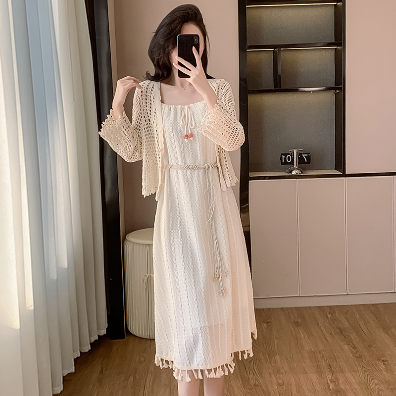 Bohemian Tassel Sleeveless White Waist Dress with Shawl Set 2025 Spring Petite
