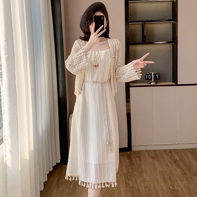 Bohemian Tassel Sleeveless White Waist Dress with Shawl Set 2025 Spring Petite