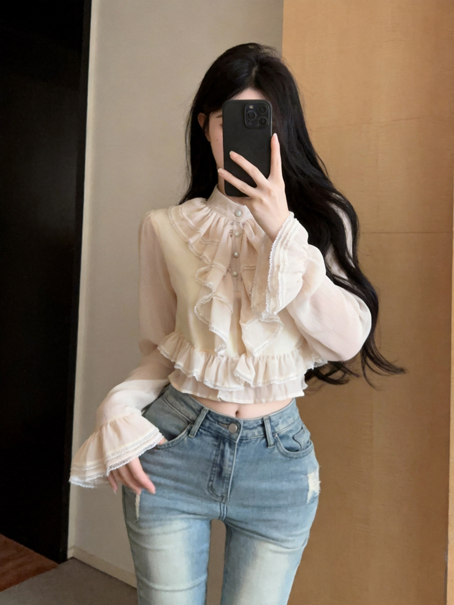 french-court-style-lace-ruffle-long-sleeve-chiffon-blouse-for-women French Court Style Lace Ruffle Long Sleeve Chiffon Blouse for Women