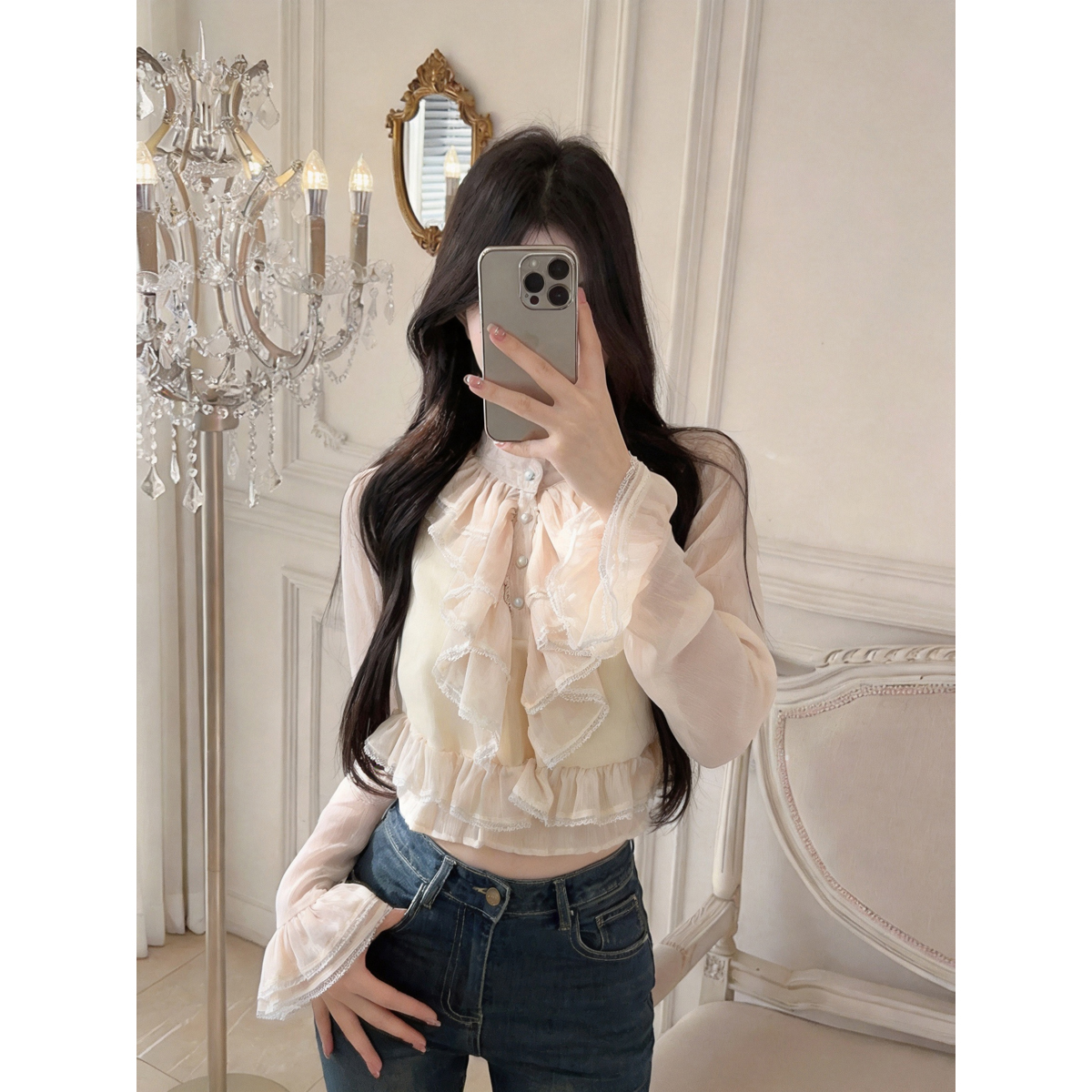 french-court-style-lace-ruffle-long-sleeve-chiffon-blouse-for-women_4 French Court Style Lace Ruffle Long Sleeve Chiffon Blouse for Women