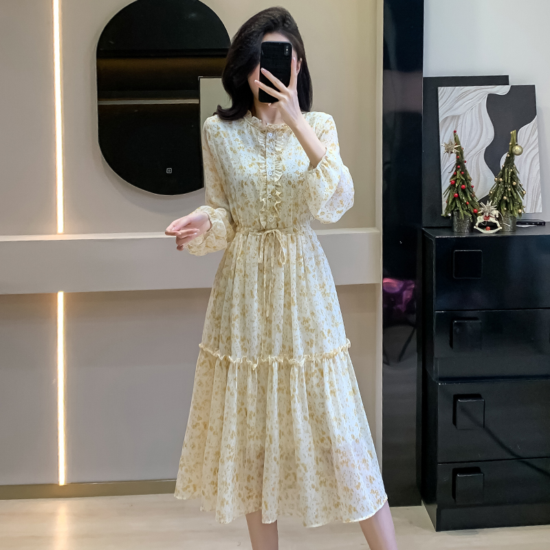 french-style-puff-sleeve-tie-waist-ruffle-collar-floral-dress-slimming-long-sleeve-chiffon-dress-spring French Style Puff Sleeve Tie Waist Ruffle Collar Floral Dress Slimming Long Sleeve Chiffon Dress Spring
