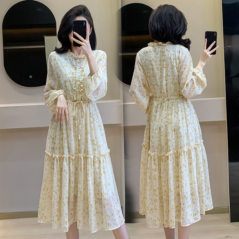french-style-puff-sleeve-tie-waist-ruffle-collar-floral-dress-slimming-long-sleeve-chiffon-dress-spring_1 French Style Puff Sleeve Tie Waist Ruffle Collar Floral Dress Slimming Long Sleeve Chiffon Dress Spring