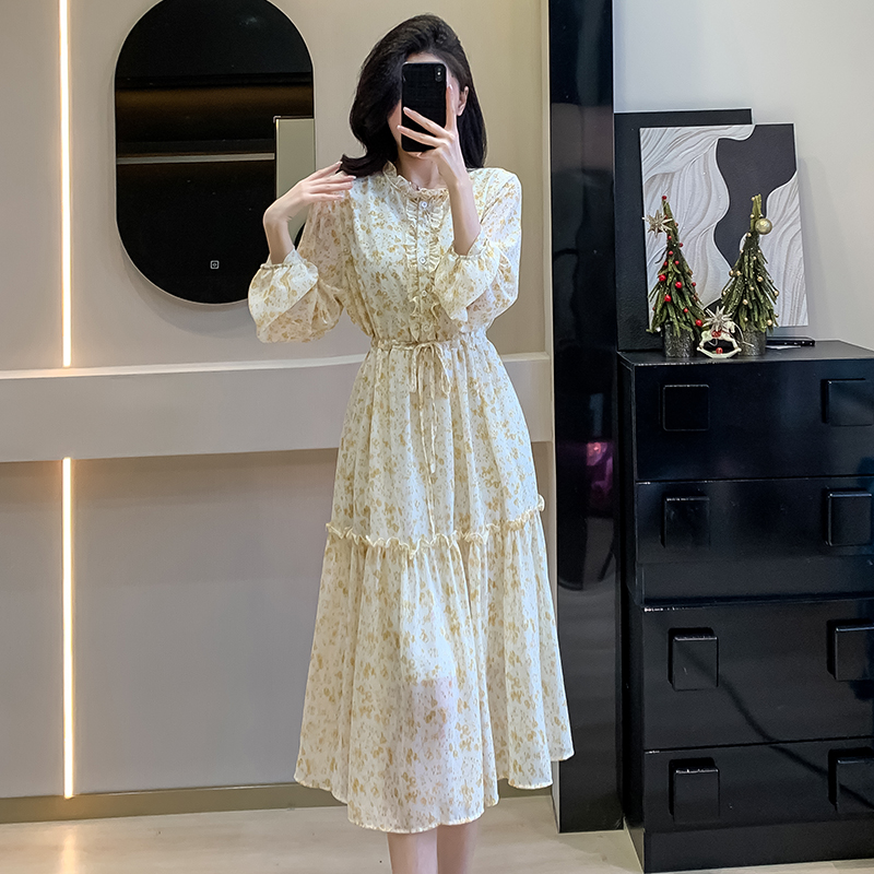 french-style-puff-sleeve-tie-waist-ruffle-collar-floral-dress-slimming-long-sleeve-chiffon-dress-spring_2 French Style Puff Sleeve Tie Waist Ruffle Collar Floral Dress Slimming Long Sleeve Chiffon Dress Spring