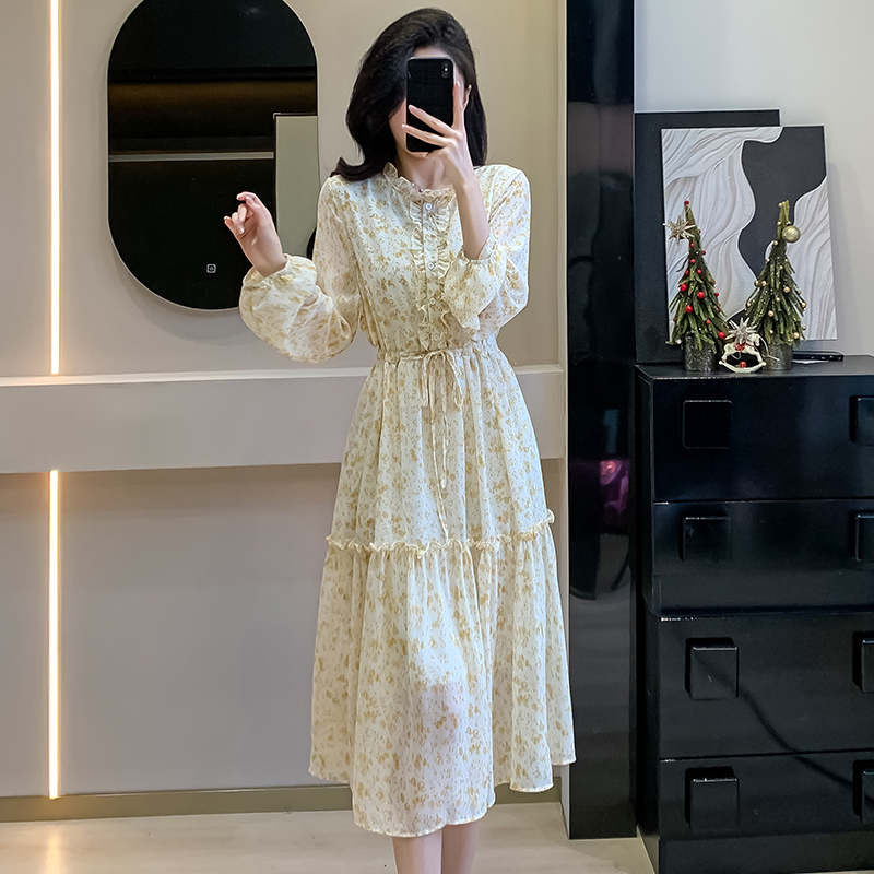 french-style-puff-sleeve-tie-waist-ruffle-collar-floral-dress-slimming-long-sleeve-chiffon-dress-spring_3 French Style Puff Sleeve Tie Waist Ruffle Collar Floral Dress Slimming Long Sleeve Chiffon Dress Spring