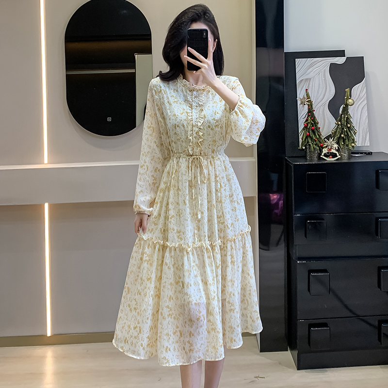 french-style-puff-sleeve-tie-waist-ruffle-collar-floral-dress-slimming-long-sleeve-chiffon-dress-spring_4 French Style Puff Sleeve Tie Waist Ruffle Collar Floral Dress Slimming Long Sleeve Chiffon Dress Spring