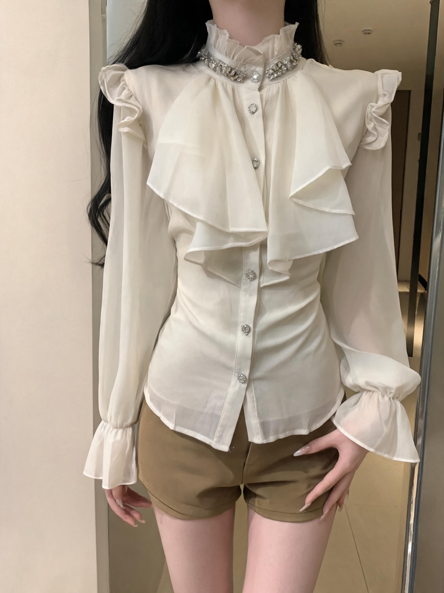 french-vintage-beaded-chiffon-blouse-for-women-sweet-bubble-sleeve-top-style-b38159 French Vintage Beaded Chiffon Blouse for Women Sweet Bubble Sleeve Top - Style b38159