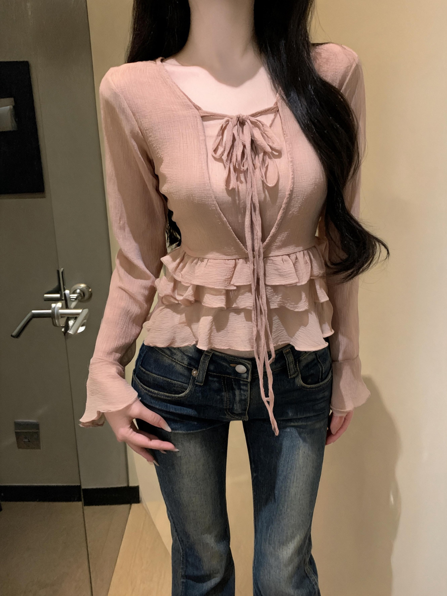 gentle-ruffle-v-neck-tie-flare-sleeve-chiffon-blouse-for-women Gentle Ruffle V-Neck Tie Flare Sleeve Chiffon Blouse for Women