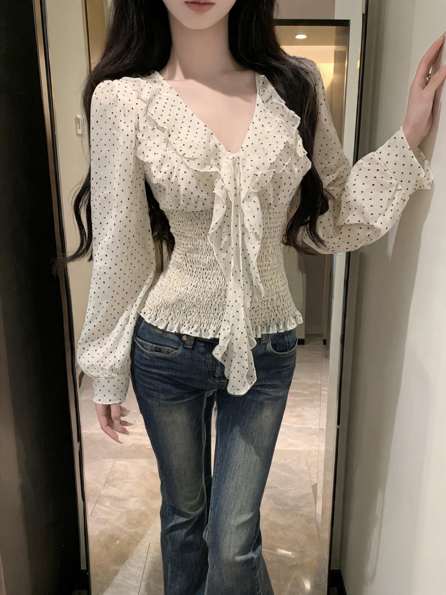 korean-polka-dot-long-sleeve-chiffon-top-with-ribbon-style-68ecda Korean Polka Dot Long Sleeve Chiffon Top with Ribbon - Style 68ecda