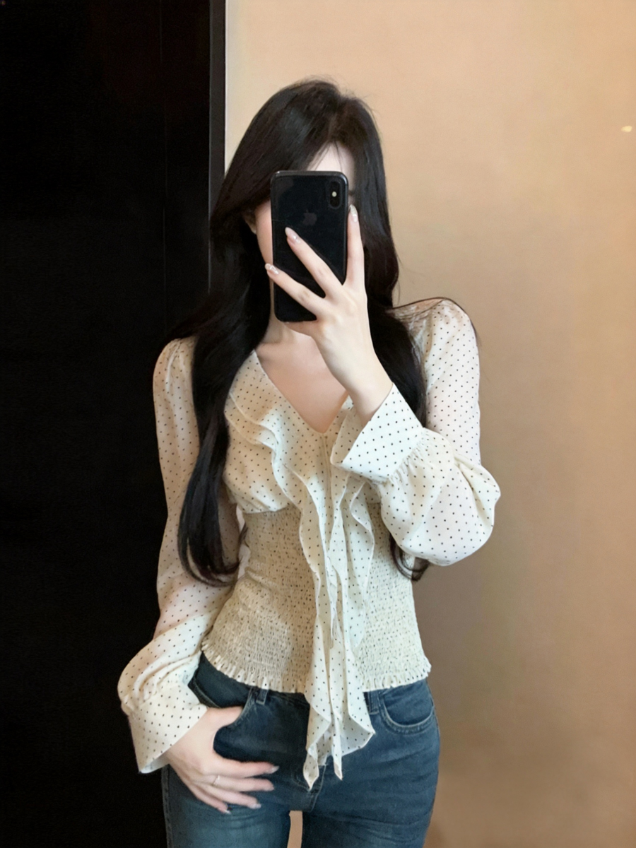 korean-polka-dot-long-sleeve-chiffon-top-with-ribbon-style-699ca4 Korean Polka Dot Long Sleeve Chiffon Top with Ribbon - Style 699ca4