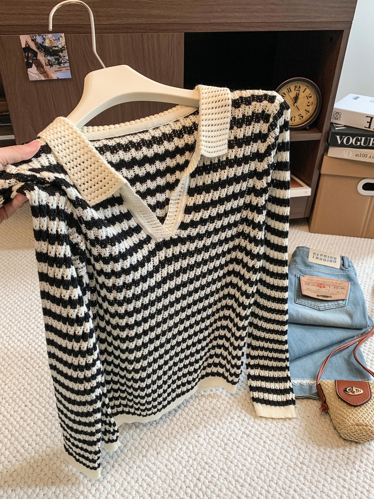 korean-preppy-striped-collared-knit-sweater-womens-early-autumn-new-versatile-design-slimming-long-sleeve-top Korean Preppy Striped Collared Knit Sweater Women's Early Autumn New Versatile Design Slimming Long Sleeve Top