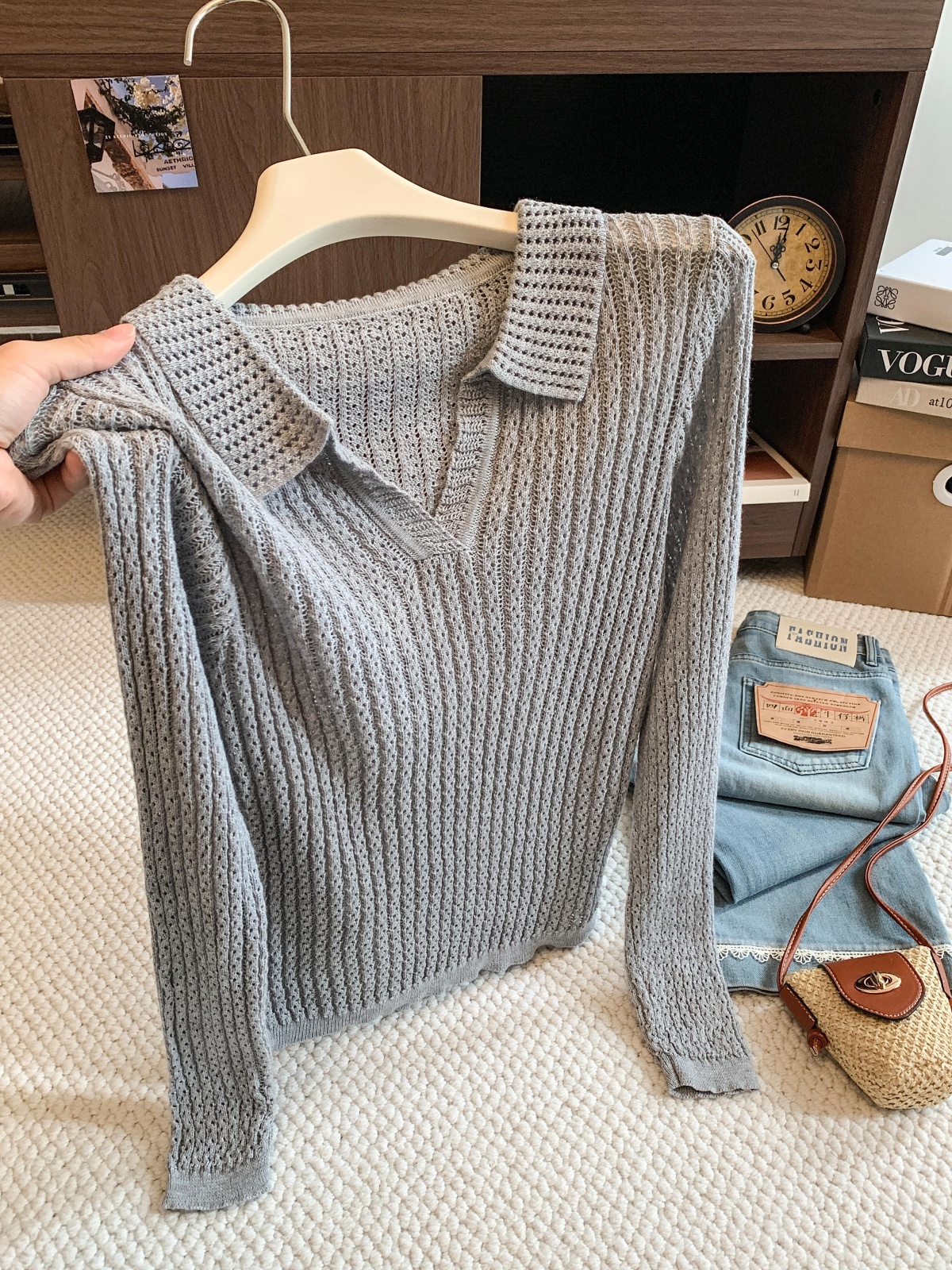 Korean Preppy Striped Collared Knit Sweater Women's Early Autumn New Versatile Design Slimming Long Sleeve Top