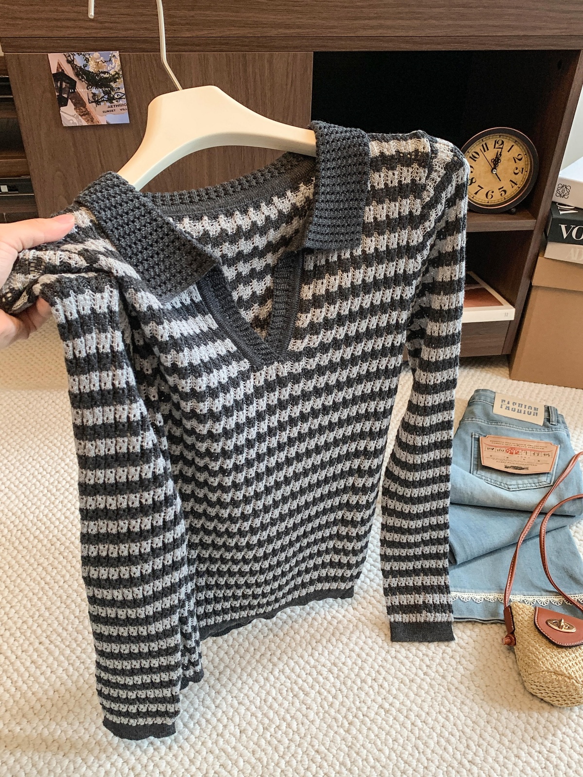 Korean Preppy Striped Collared Knit Sweater Women's Early Autumn New Versatile Design Slimming Long Sleeve Top