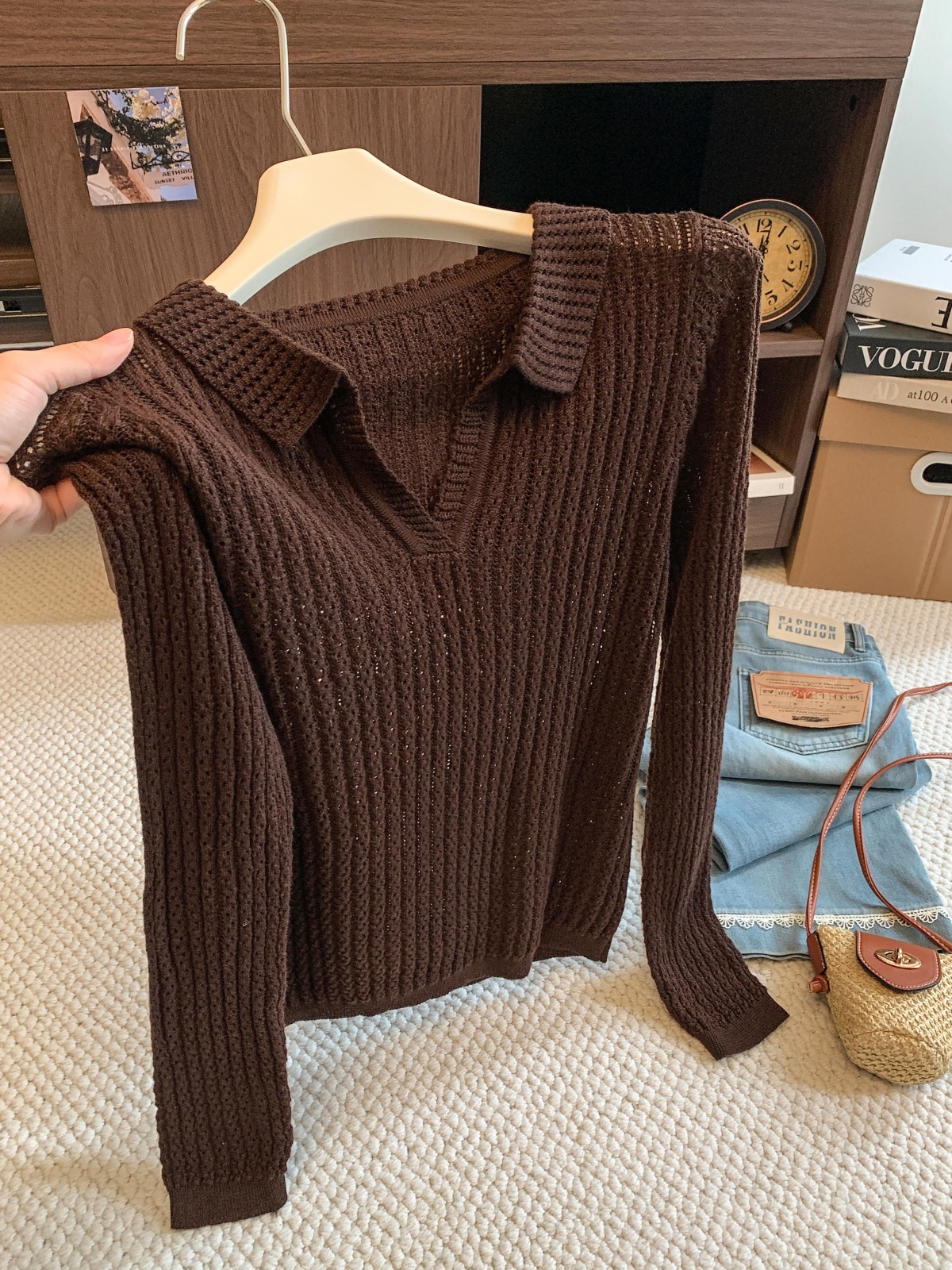 Korean Preppy Striped Collared Knit Sweater Women's Early Autumn New Versatile Design Slimming Long Sleeve Top
