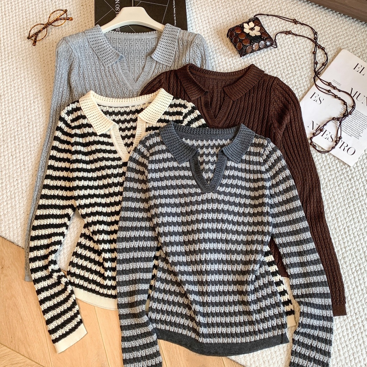 Korean Preppy Striped Collared Knit Sweater Women's Early Autumn New Versatile Design Slimming Long Sleeve Top
