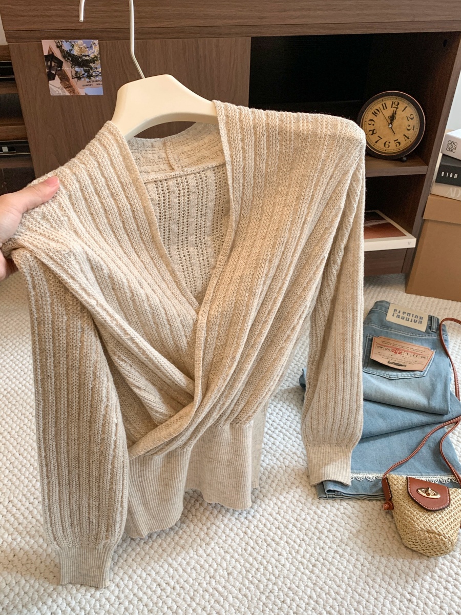 korean-ribbed-v-neck-cross-long-sleeve-knit-sweater-for-women-2026-early-autumn-waist-cinching-slimming-design-top Korean Ribbed V-Neck Cross Long Sleeve Knit Sweater for Women 2026 Early Autumn Waist-Cinching Slimming Design Top