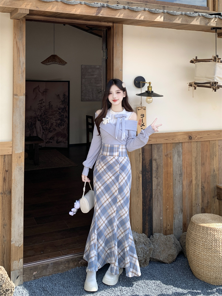misty-blue-plaid-mermaid-skirt-two-piece-set-for-women-autumn-fashion Misty Blue Plaid Mermaid Skirt Two-Piece Set for Women Autumn Fashion