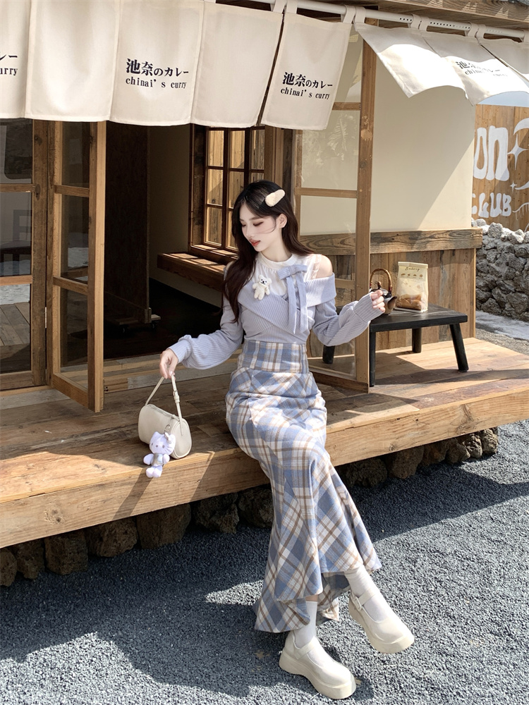 Misty Blue Plaid Mermaid Skirt Two-Piece Set for Women Autumn Fashion