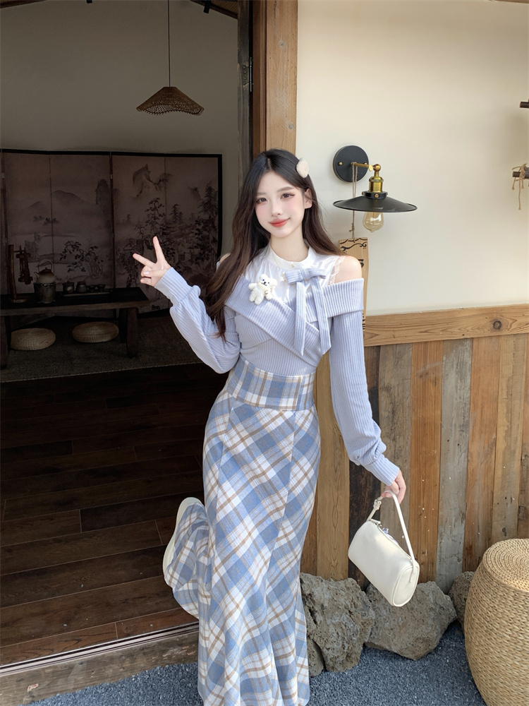 Misty Blue Plaid Mermaid Skirt Two-Piece Set for Women Autumn Fashion
