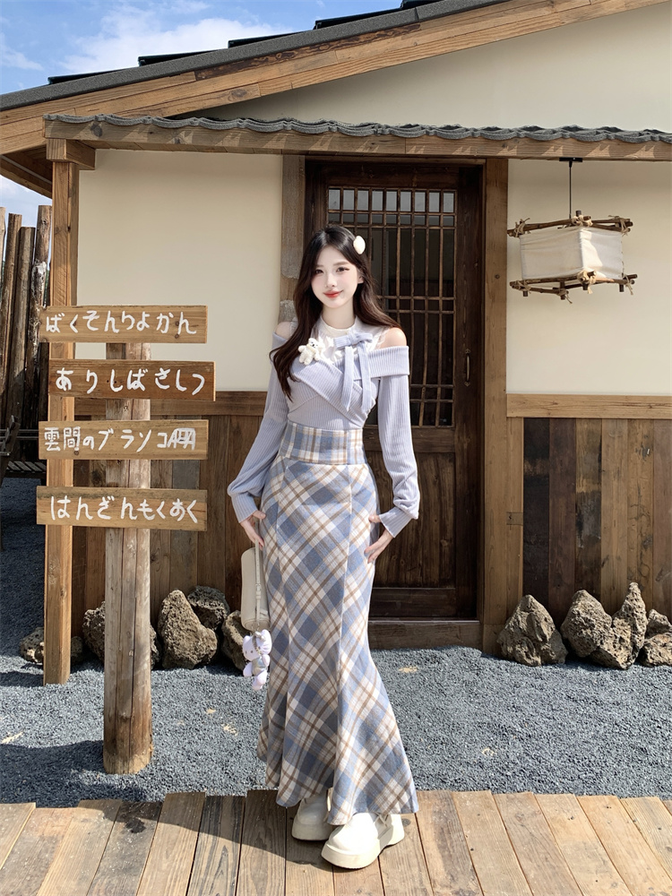 Misty Blue Plaid Mermaid Skirt Two-Piece Set for Women Autumn Fashion