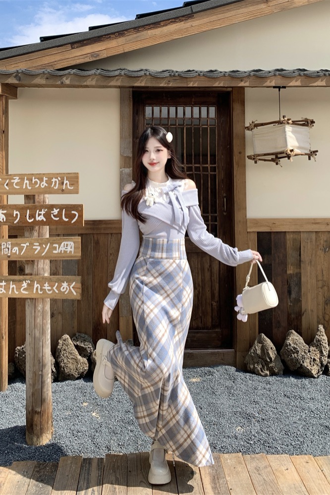 Misty Blue Plaid Mermaid Skirt Two-Piece Set for Women Autumn Fashion