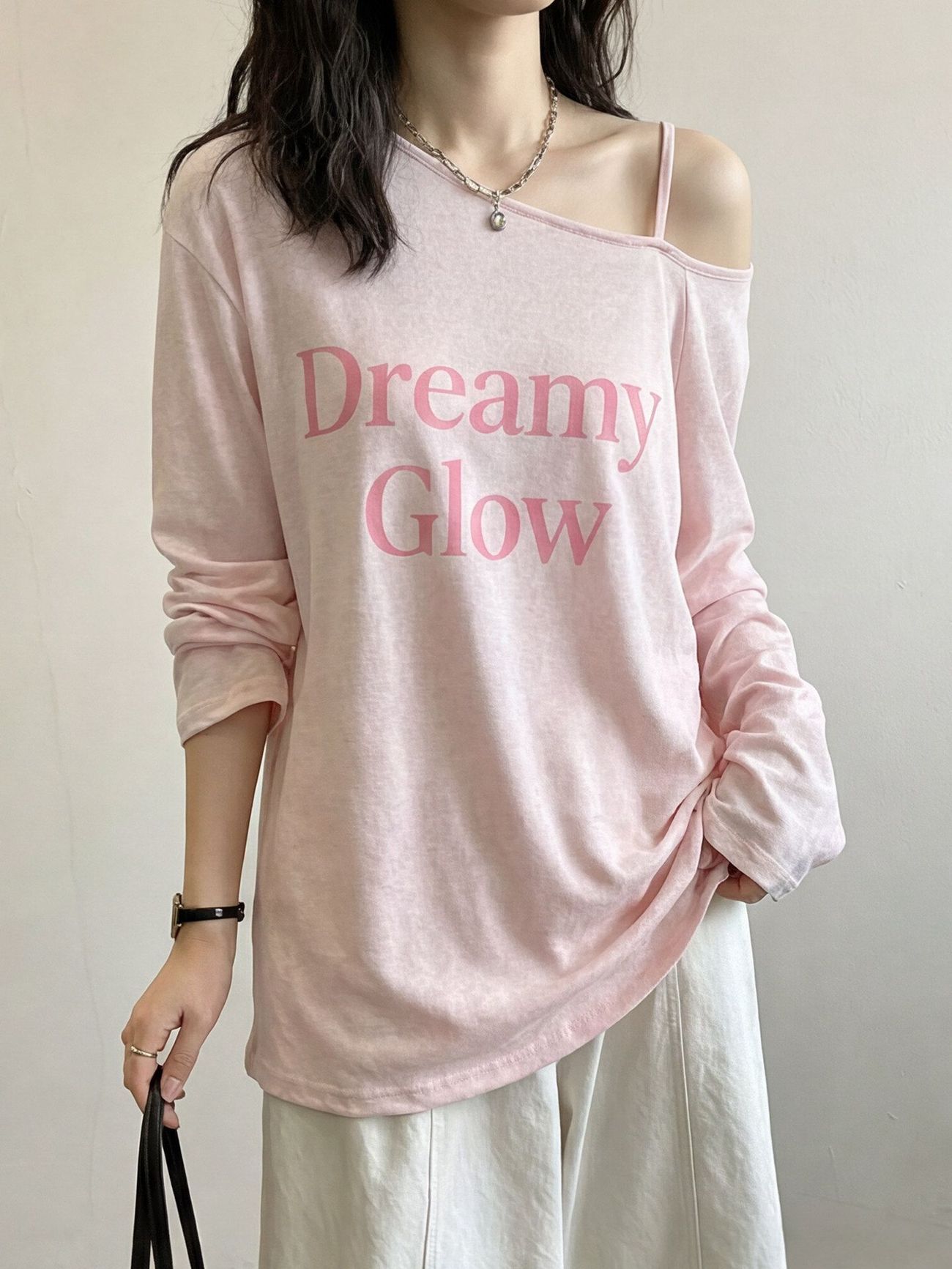 Pink Letter Print Long Sleeve T-Shirt Women Summer Thin Loose Casual Top