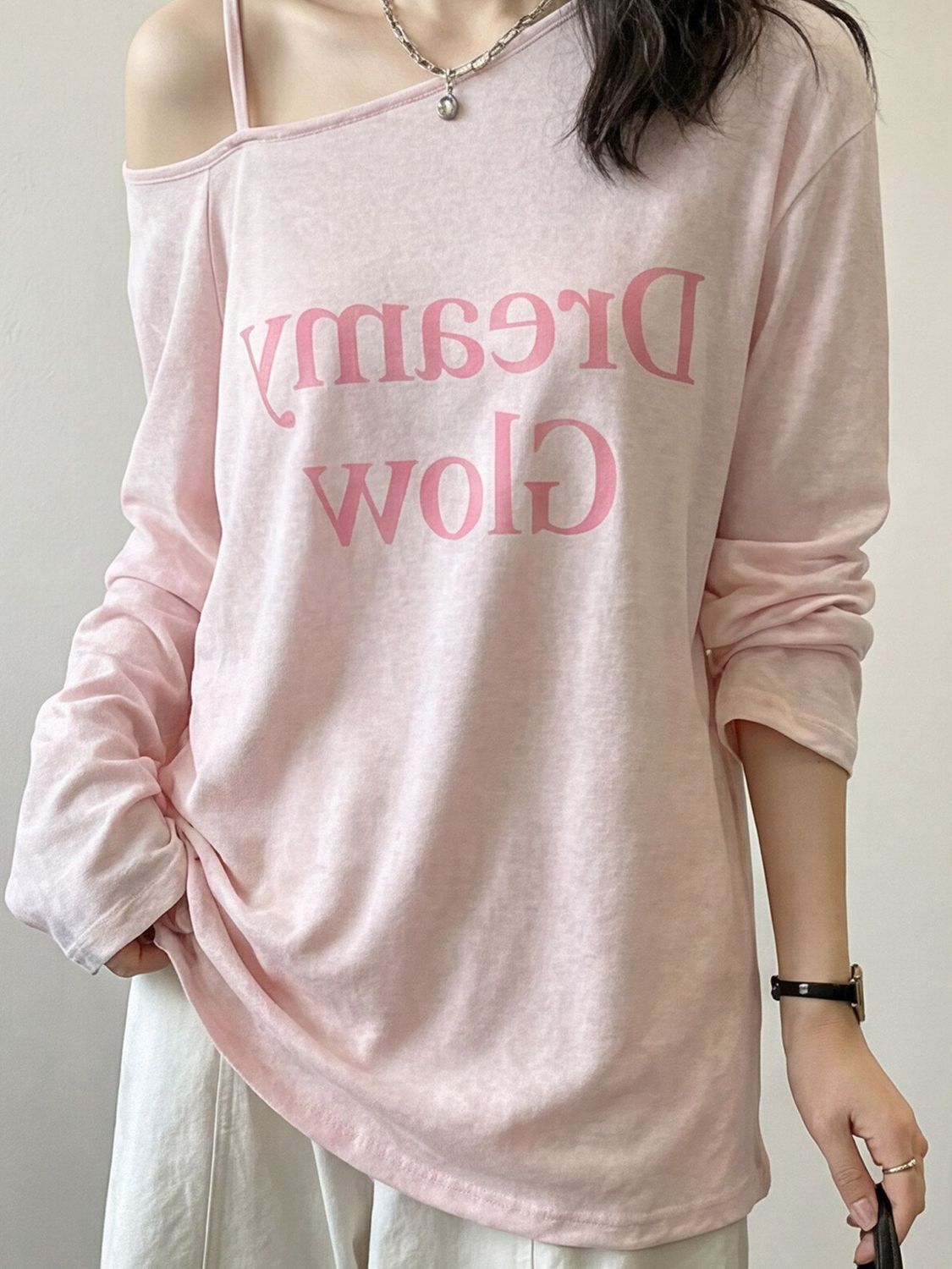 Pink Letter Print Long Sleeve T-Shirt Women Summer Thin Loose Casual Top