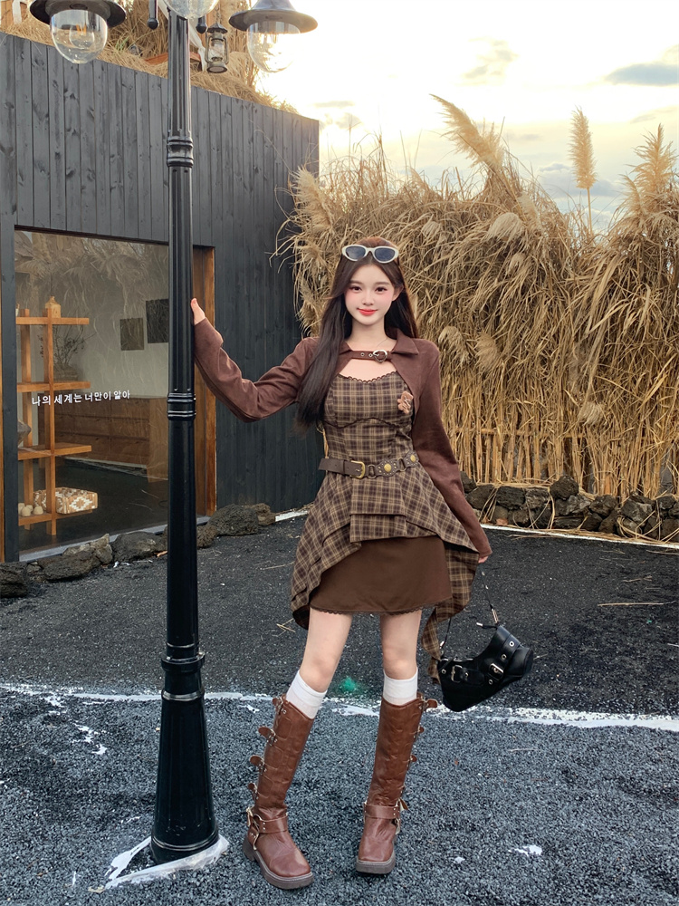 retro-brown-plaid-cami-dress-women-autumn-short-outerwear-set-style-7e5251_1 Retro Brown Plaid Cami Dress Women Autumn Short Outerwear Set - Style 7e5251
