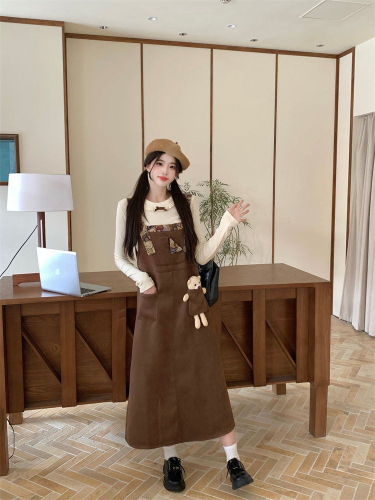 retro-maillard-style-suspender-dress-set-for-women-early-autumn-long-sleeve-top-and-straight-long-skirt Retro Maillard Style Suspender Dress Set for Women Early Autumn Long Sleeve Top and Straight Long Skirt