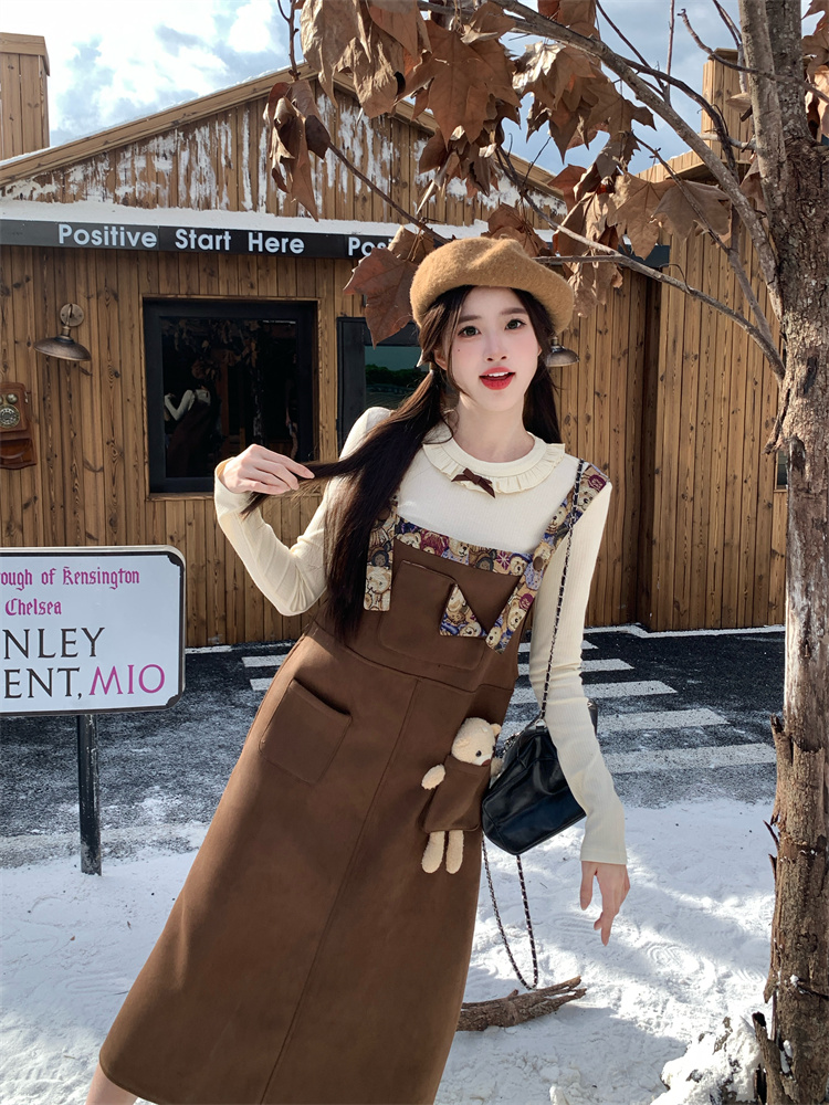 retro-maillard-style-suspender-dress-set-for-women-early-autumn-long-sleeve-top-and-straight-long-skirt_1 Retro Maillard Style Suspender Dress Set for Women Early Autumn Long Sleeve Top and Straight Long Skirt