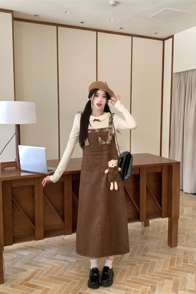 retro-maillard-style-suspender-dress-set-for-women-early-autumn-long-sleeve-top-and-straight-long-skirt_4 Retro Maillard Style Suspender Dress Set for Women Early Autumn Long Sleeve Top and Straight Long Skirt