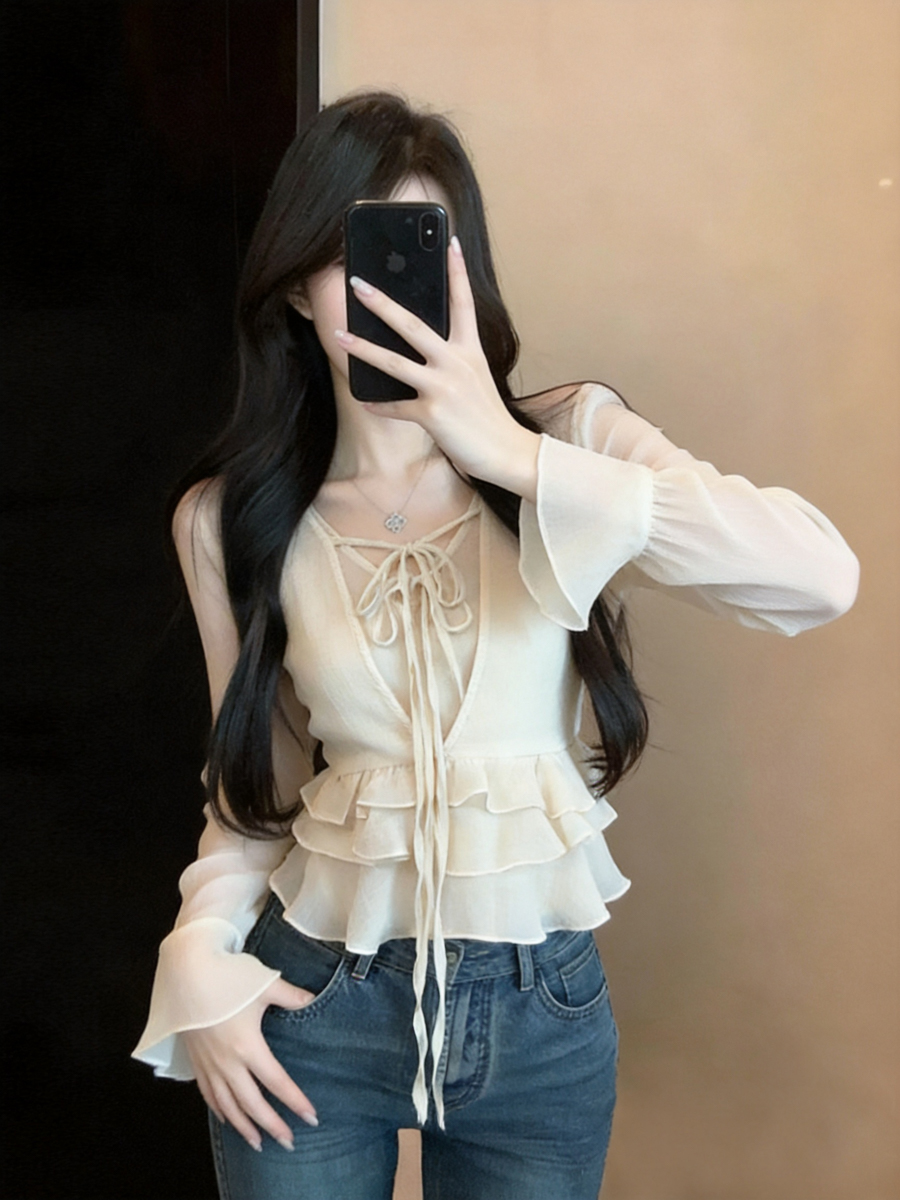 ruffled-v-neck-tie-front-flare-sleeve-chiffon-blouse Ruffled V-Neck Tie-Front Flare-Sleeve Chiffon Blouse