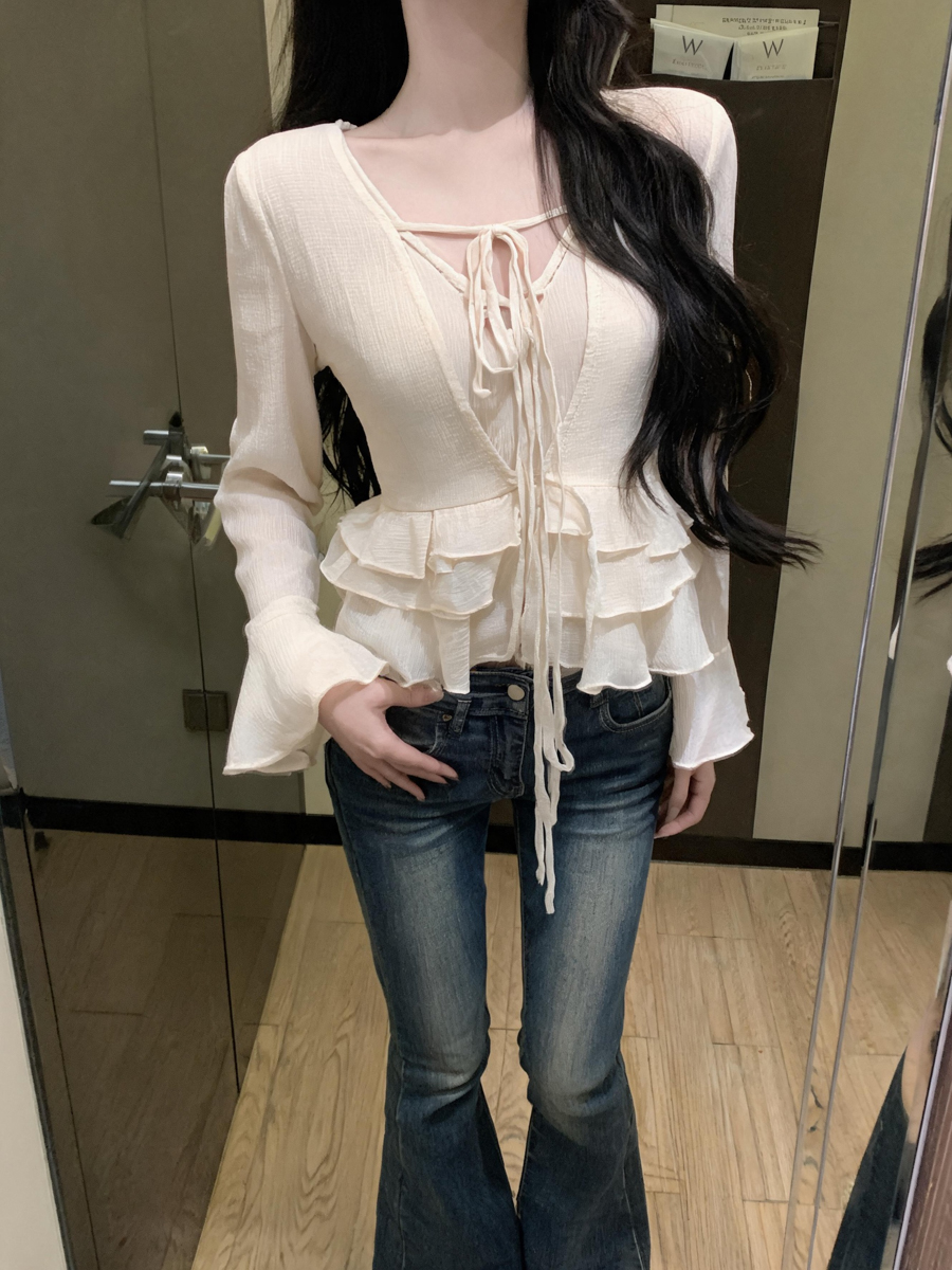 ruffled-v-neck-tie-front-flared-sleeve-chiffon-blouse-style-b2bb87 Ruffled V-Neck Tie-Front Flared-Sleeve Chiffon Blouse - Style b2bb87