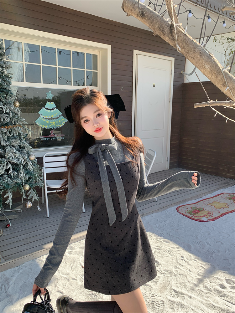 sweet-style-two-piece-set-bow-long-sleeve-t-shirt-and-polka-dot-pinafore-dress-for-women-autumn-layering Sweet Style Two-Piece Set Bow Long Sleeve T-Shirt and Polka Dot Pinafore Dress for Women Autumn Layering