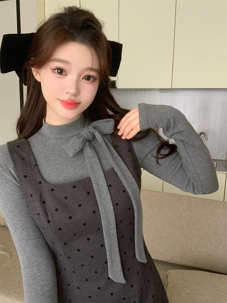 sweet-style-two-piece-set-bow-long-sleeve-t-shirt-and-polka-dot-pinafore-dress-for-women-autumn-layering_2 Sweet Style Two-Piece Set Bow Long Sleeve T-Shirt and Polka Dot Pinafore Dress for Women Autumn Layering