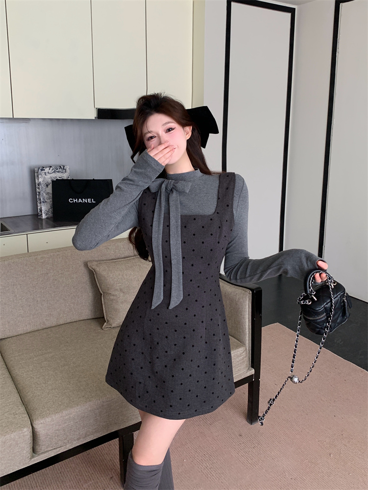 sweet-style-two-piece-set-bow-long-sleeve-t-shirt-and-polka-dot-pinafore-dress-for-women-autumn-layering_3 Sweet Style Two-Piece Set Bow Long Sleeve T-Shirt and Polka Dot Pinafore Dress for Women Autumn Layering