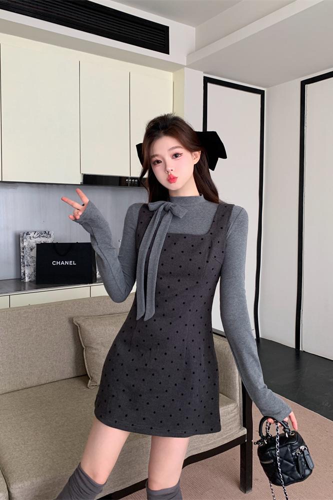 sweet-style-two-piece-set-bow-long-sleeve-t-shirt-and-polka-dot-pinafore-dress-for-women-autumn-layering_4 Sweet Style Two-Piece Set Bow Long Sleeve T-Shirt and Polka Dot Pinafore Dress for Women Autumn Layering