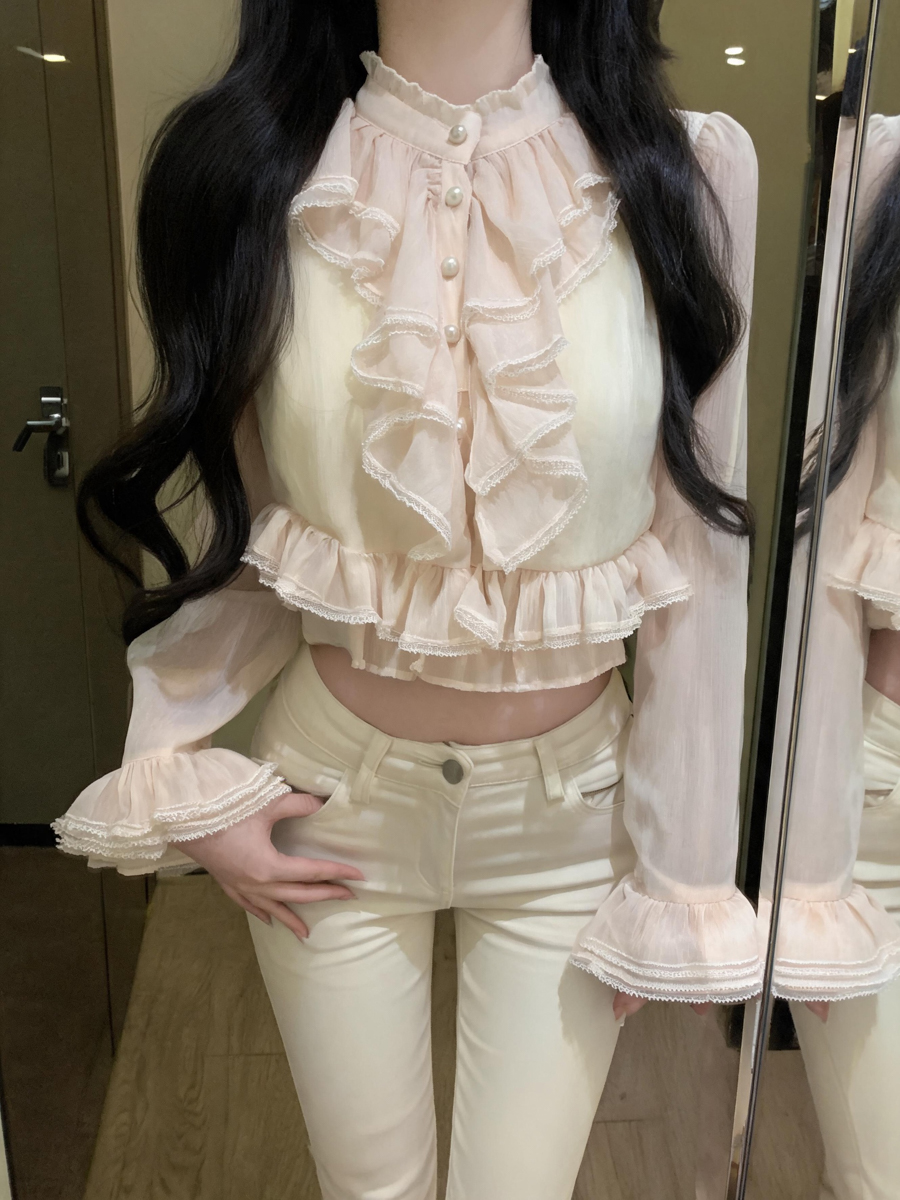 womens-french-style-lace-panel-ruffle-long-sleeve-chiffon-top-light-pink Women's French Style Lace Panel Ruffle Long Sleeve Chiffon Top Light Pink