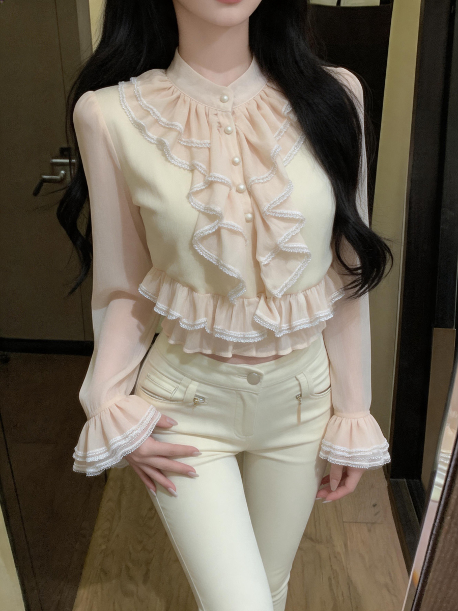 womens-french-style-lace-panel-ruffle-long-sleeve-chiffon-top-light-pink_1 Women's French Style Lace Panel Ruffle Long Sleeve Chiffon Top Light Pink