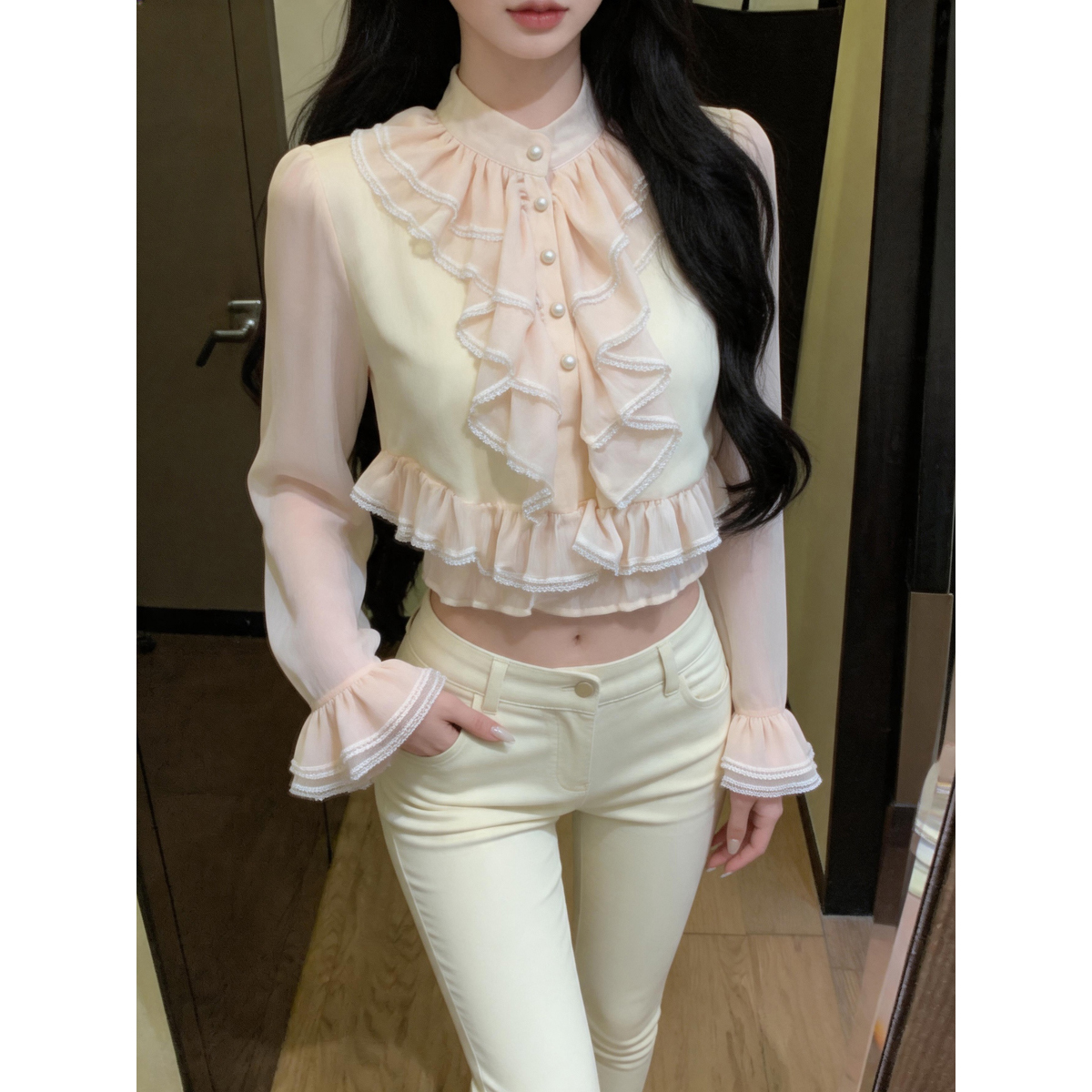 womens-french-style-lace-panel-ruffle-long-sleeve-chiffon-top-light-pink_4 Women's French Style Lace Panel Ruffle Long Sleeve Chiffon Top Light Pink
